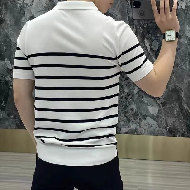 Men's black striped lapel knitted pullover t-shirt on white background