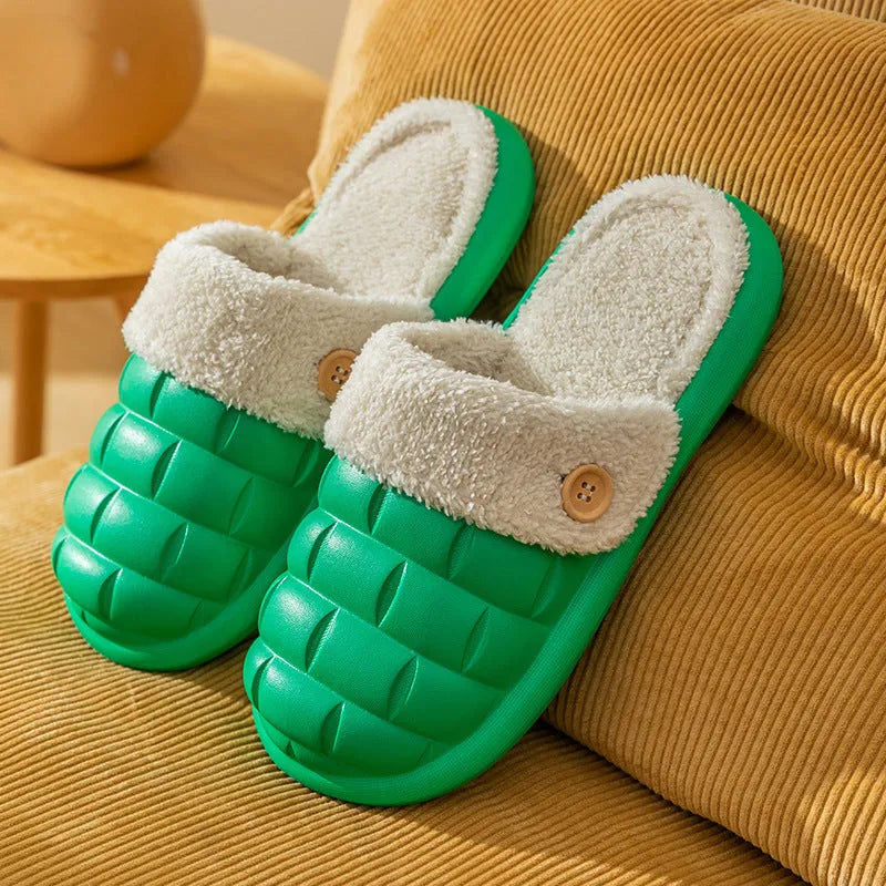 Plaid detachable EVA house slippers with plush lining, shown in assorted colours.