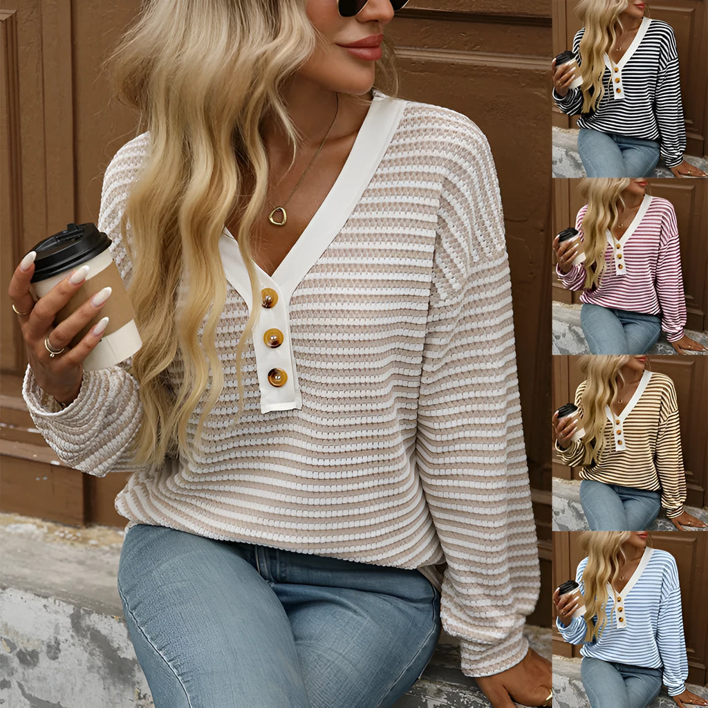 Women's loose-fit V-neck pullover top with patchwork design in polyester fabric
