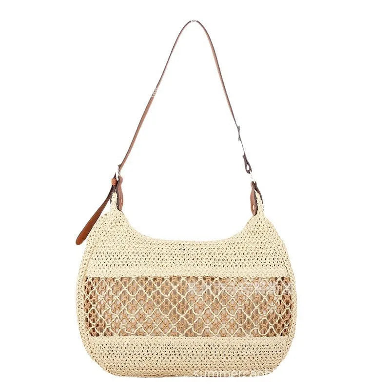 Women's khaki straw cross body bag with sandwich pockets in horizontal square shape
