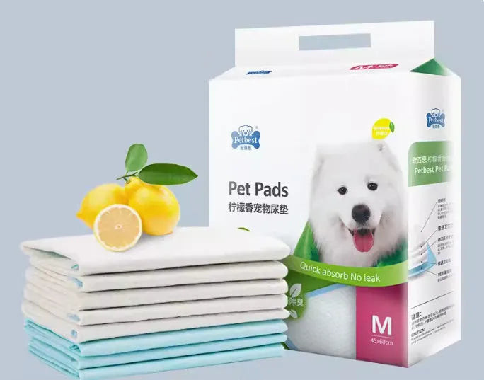 Pack of thickened dog urine pads showing adhesive backing and size comparison chart for S, M, L, and XL codes.