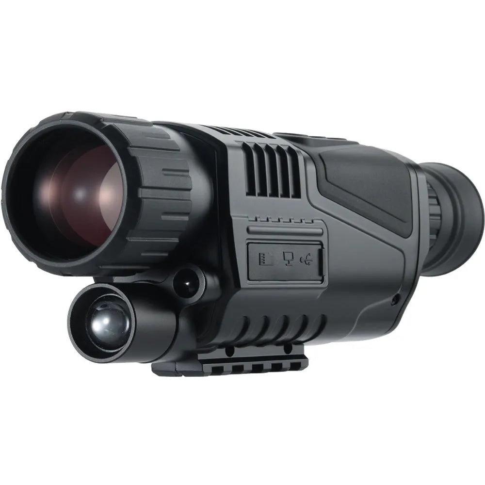 Black digital night vision telescope with rubber coating, 40mm lens, and included storage bag.