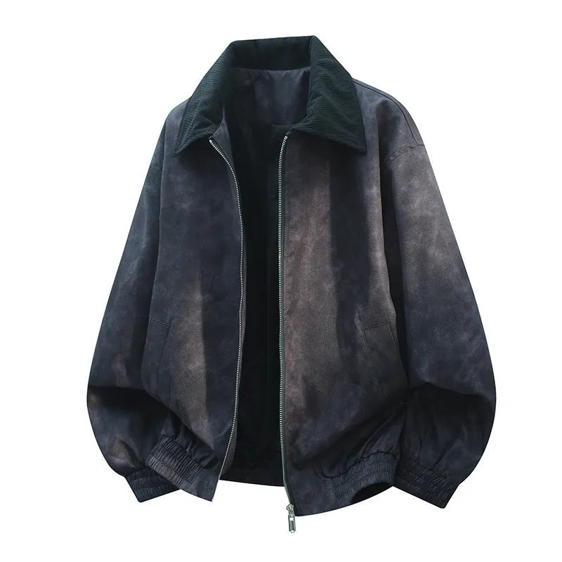 Men's casual black jacket featuring a detailed stitching lapel design and straight hem.