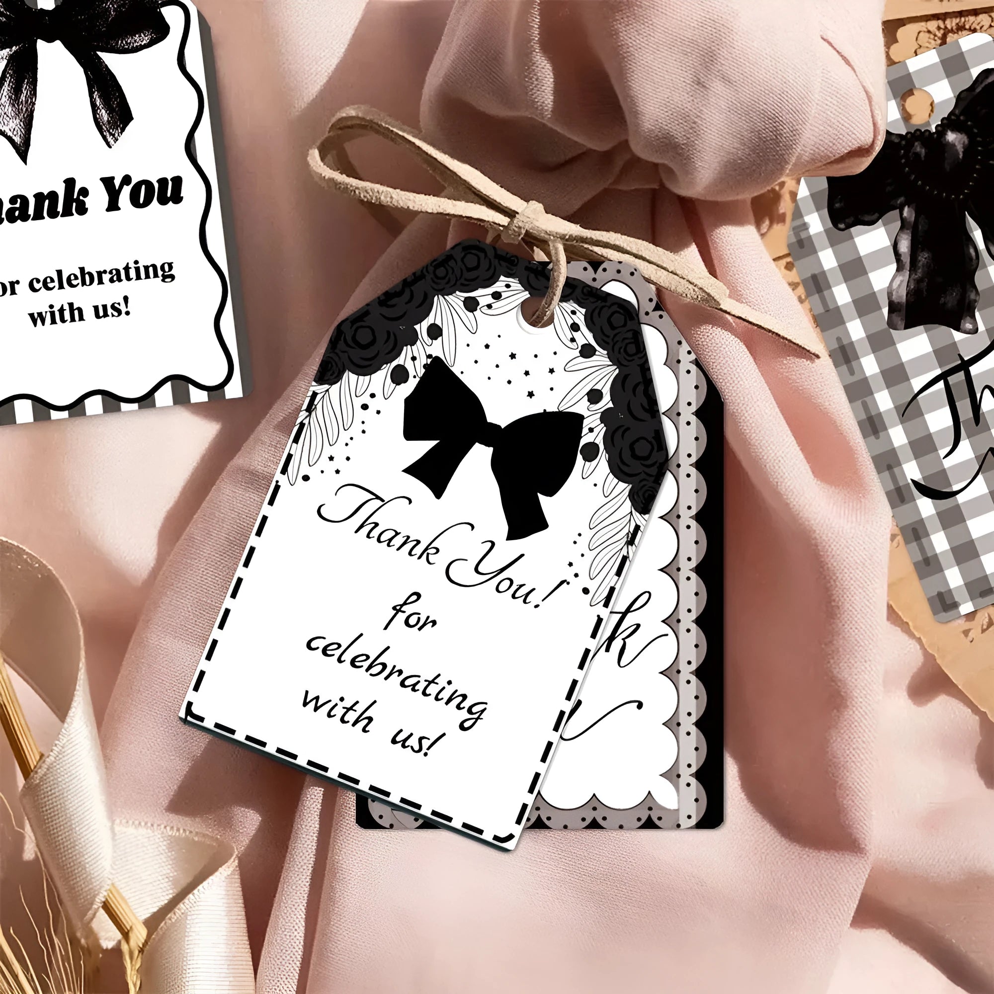 Set of 60 decorative bowknot-shaped paper gift tags with natural jute twine for birthdays.