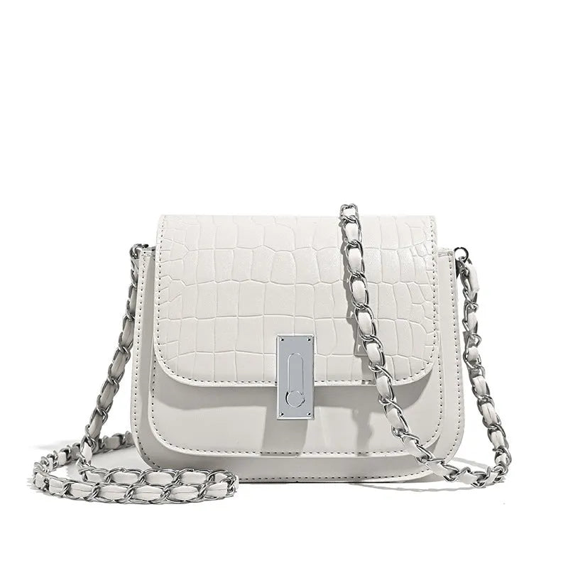 Soft PU women's chain shoulder bag in horizontal square shape with inner mobile phone compartment