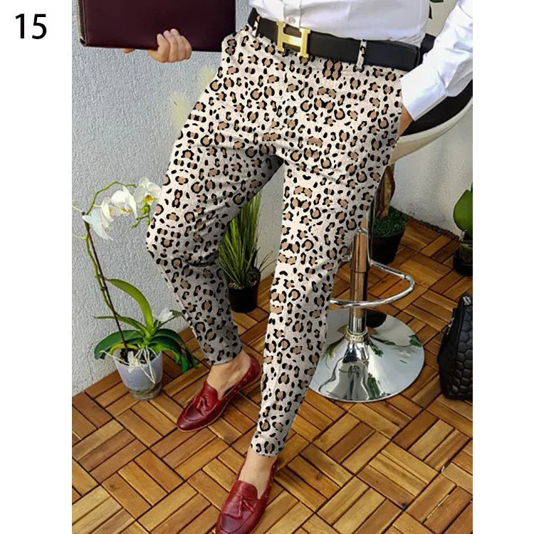 Men's slim-fit plaid casual trousers in polyester elastic fabric with straight leg cut and zip fly closure