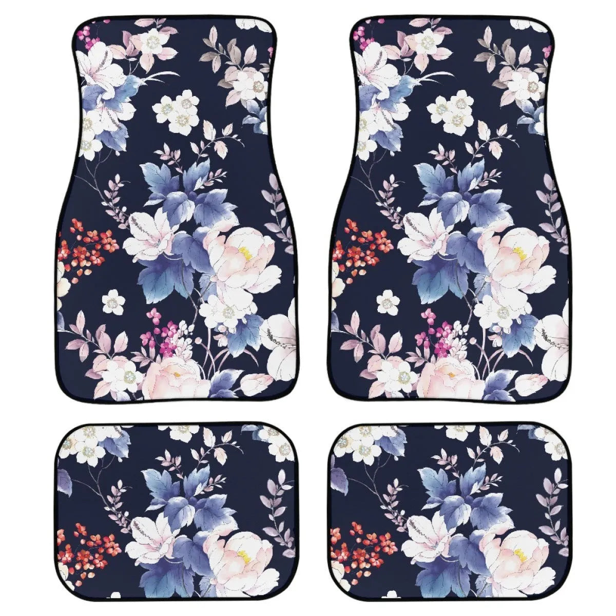 Four-piece set of black printed rubber car floor mats with a 20mm thickness and waterproof lining.