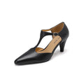 Brown retro women's T-strap high heel sandals with chunky heel and round toe on a white background.