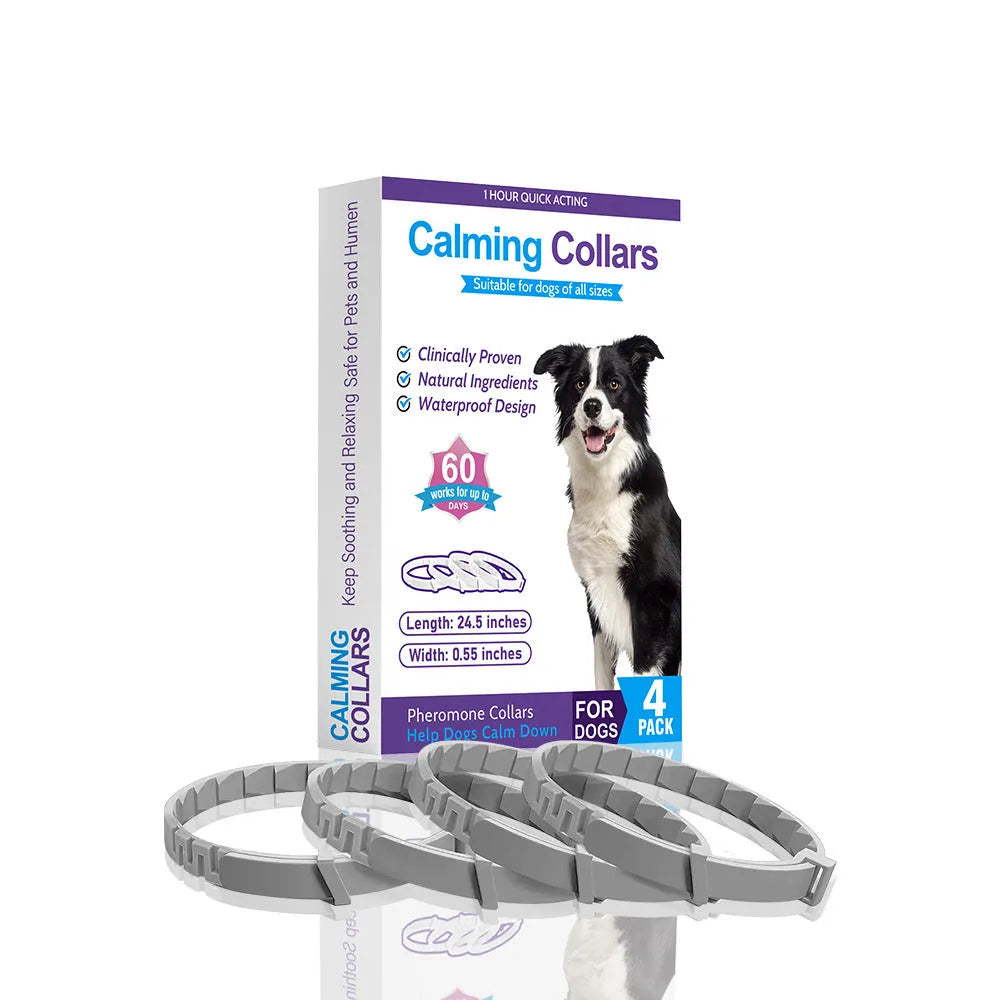 Pack of four solid colour TPR dog anxiety relief collars in Chinese style, laid flat.