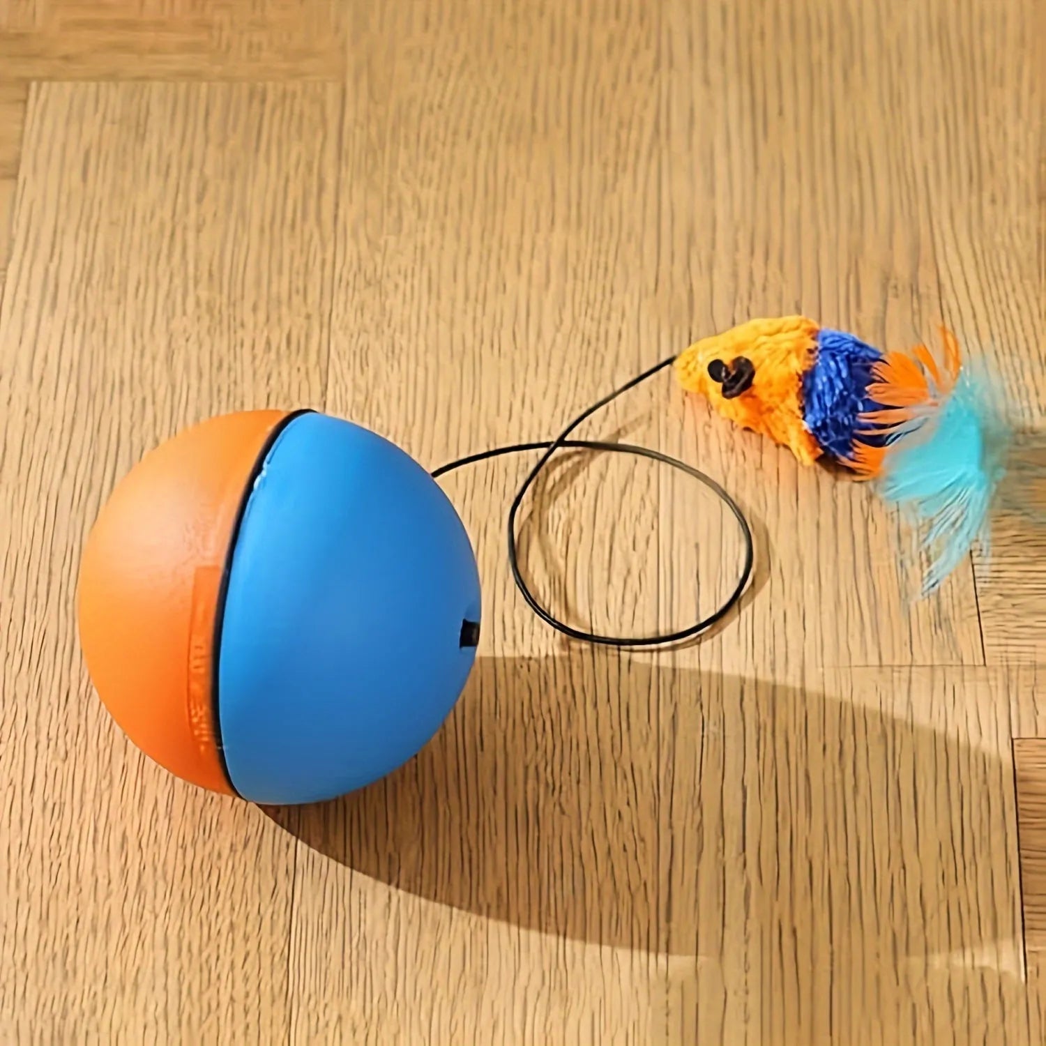 Interactive cat toy ball and plush mouse in blue and orange colours measuring 8.5cm