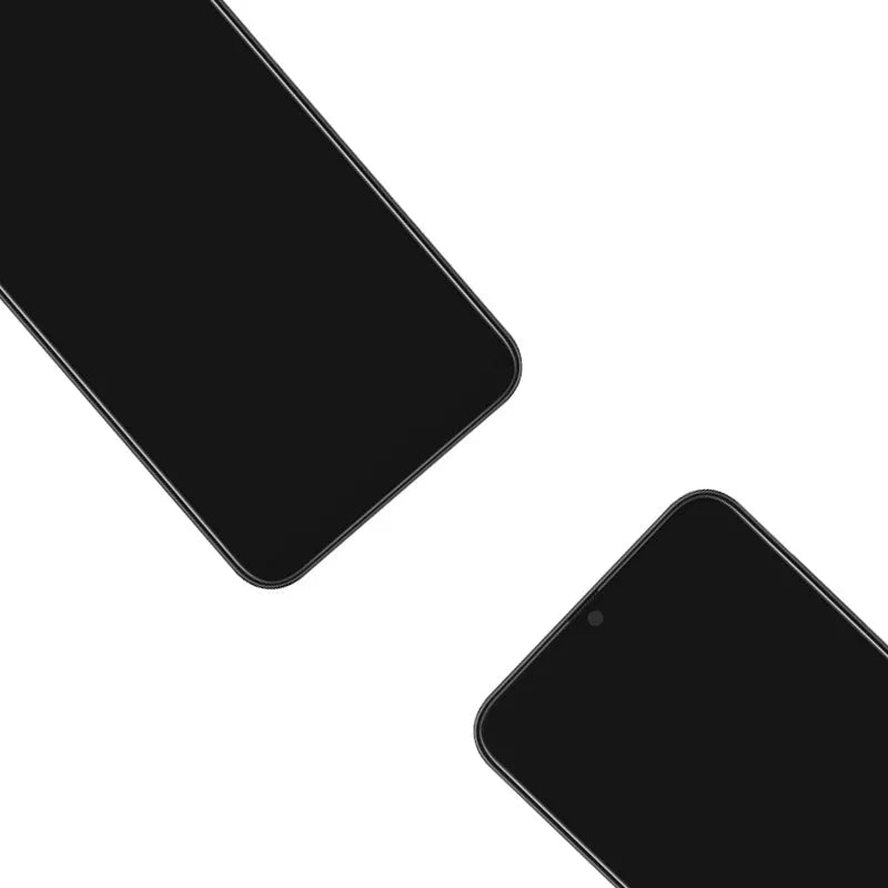 Samsung Galaxy A50 black OLED screen assembly with adhesive and repair tools laid out.