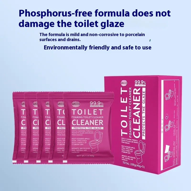 Box and bag of toilet bubble cleaning powder in blue and pink fragrance options.