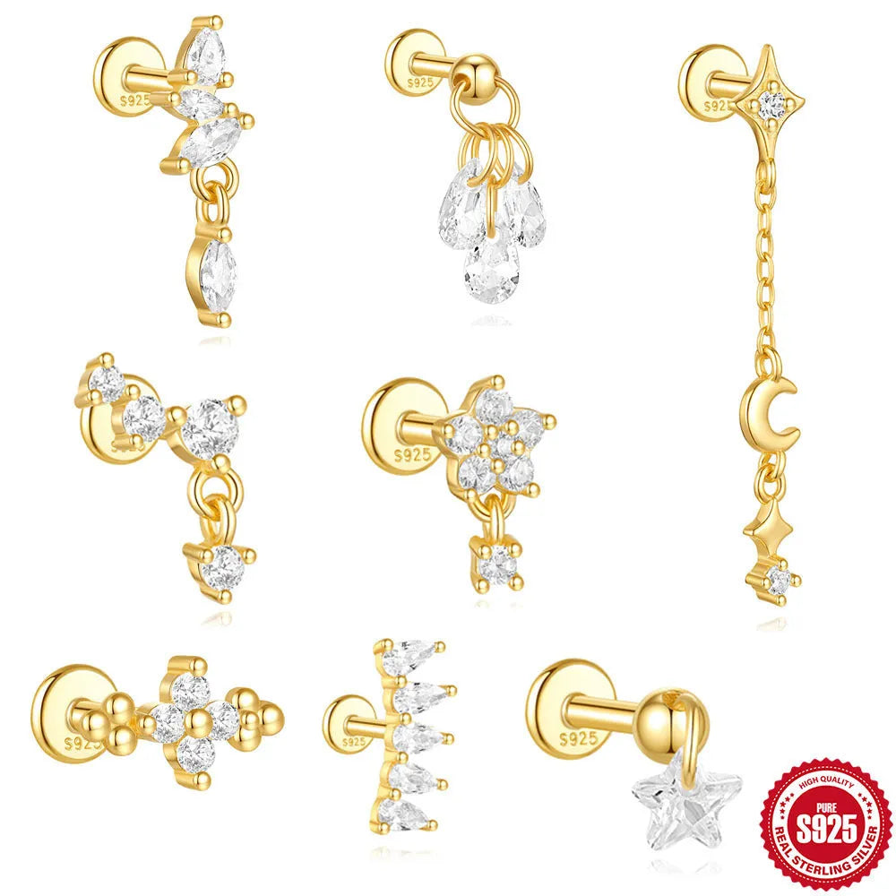 S925 sterling silver moon-shaped earring with embedded gold-tone star, geometric unisex design.