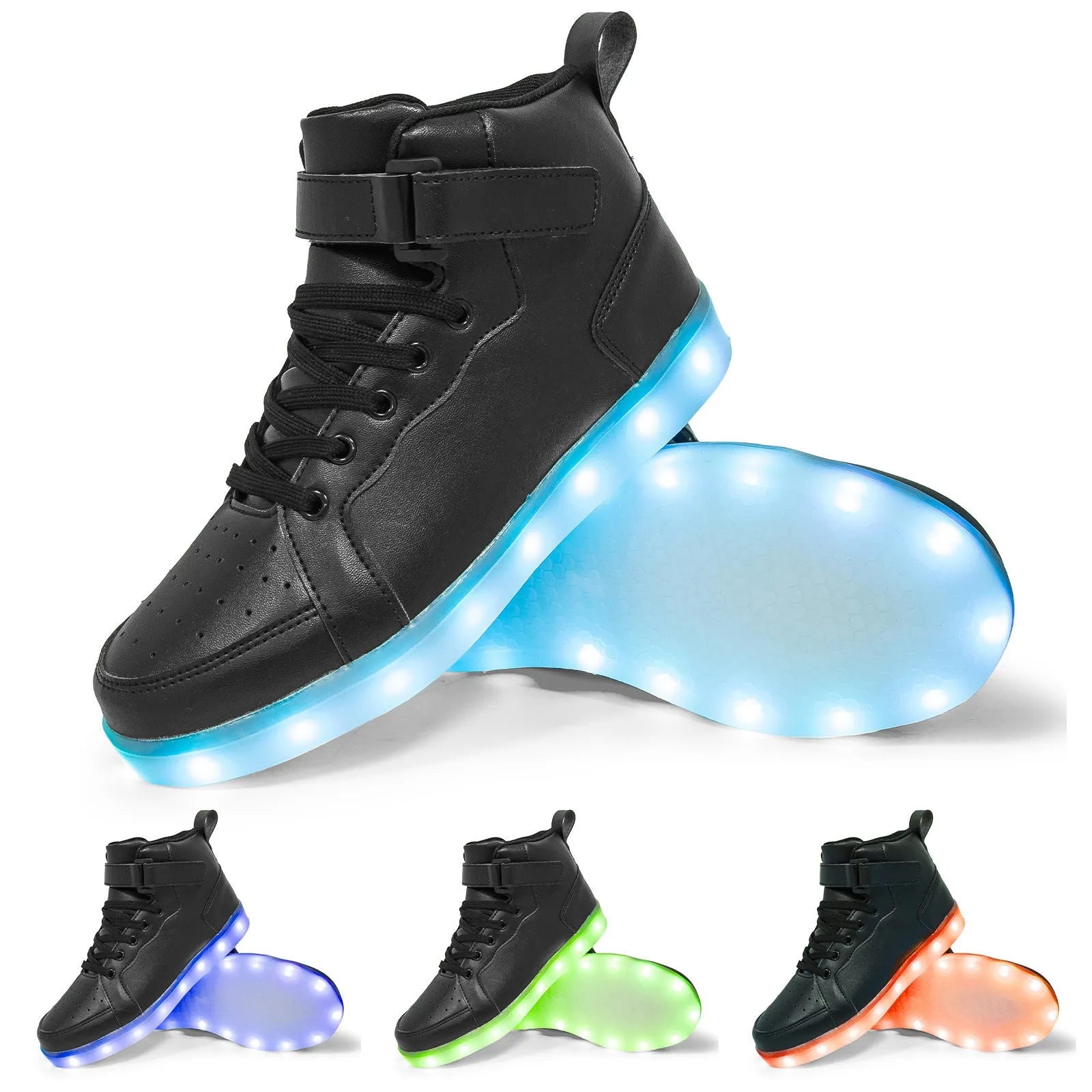 LED high-top light shoes with Velcro closure showing illuminated sole and available colour options