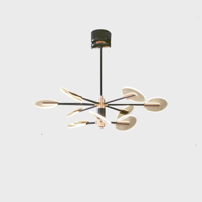 White iron frame LED chandelier with multiple acrylic shades hanging from ceiling