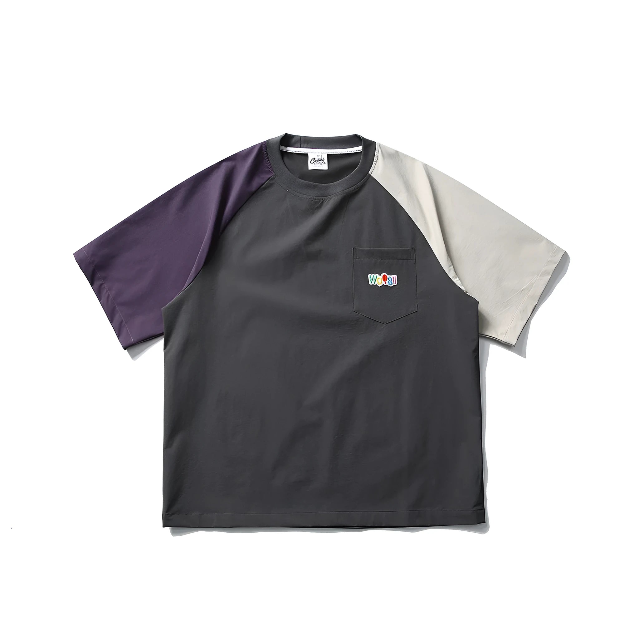 Dark grey men's loose-fit T-shirt with contrast colour raglan sleeves on a hanger.