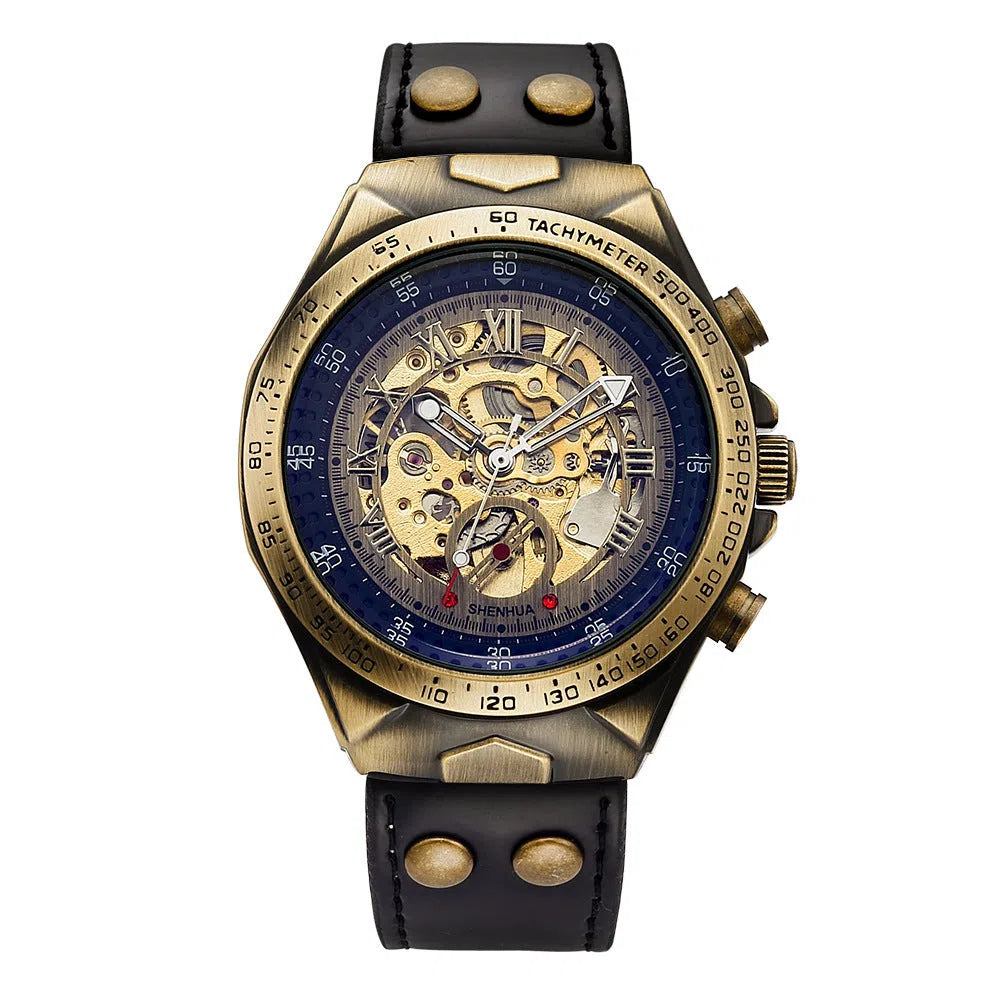 Men's automatic mechanical watch with hollowed-out round dial, 42mm alloy case, genuine leather strap, and transparent case back