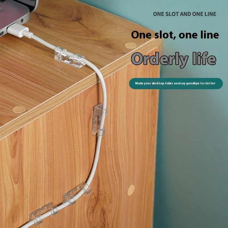 Transparent self-adhesive plastic cable clips for wire management in four different sizes.
