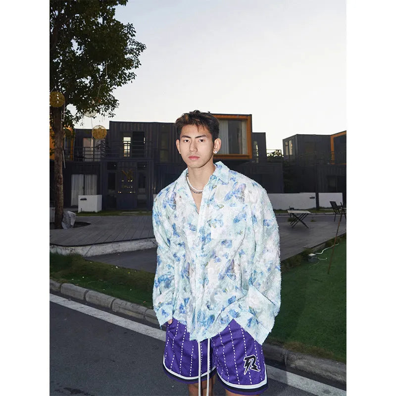 Long sleeve floral shirt with embossed three-dimensional pattern in polyester blend fabric