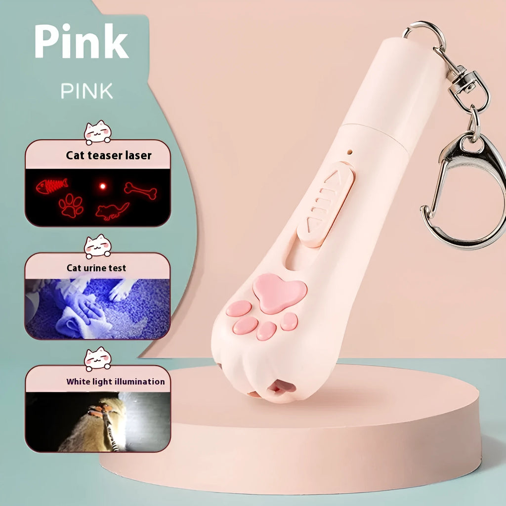 Rechargeable cat teaser pen light toy in pink, cream, and sky blue colours with Self-Hi button.