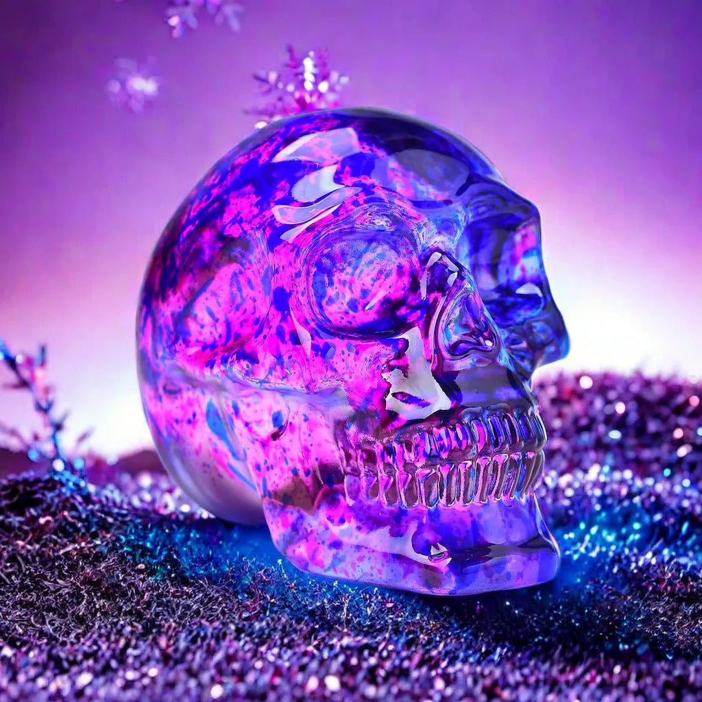 Pink and blue floral skull ornament made of glass with hanging loop