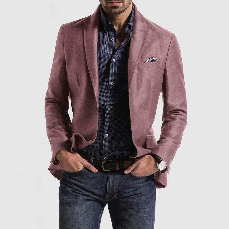 Men's loose solid colour double button suit jacket in grey, front view, for casual leisure wear