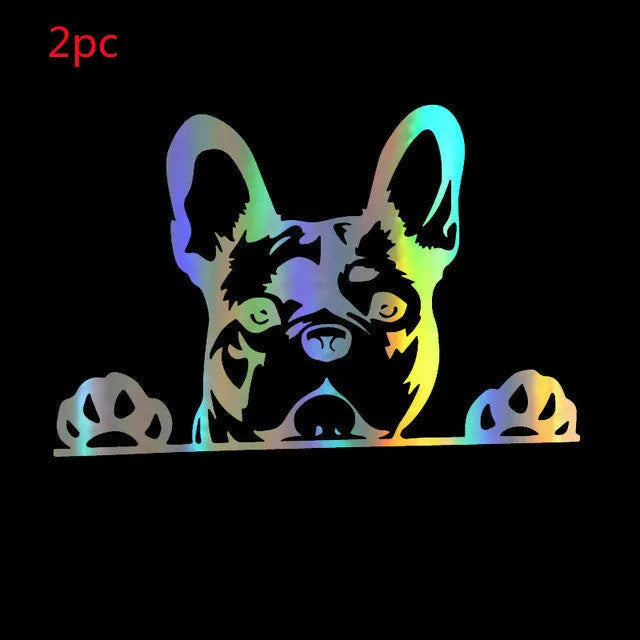 Two reflective dog pattern car stickers in black white and colourful, 15.6x10.4 cm, for rear window scratch cover