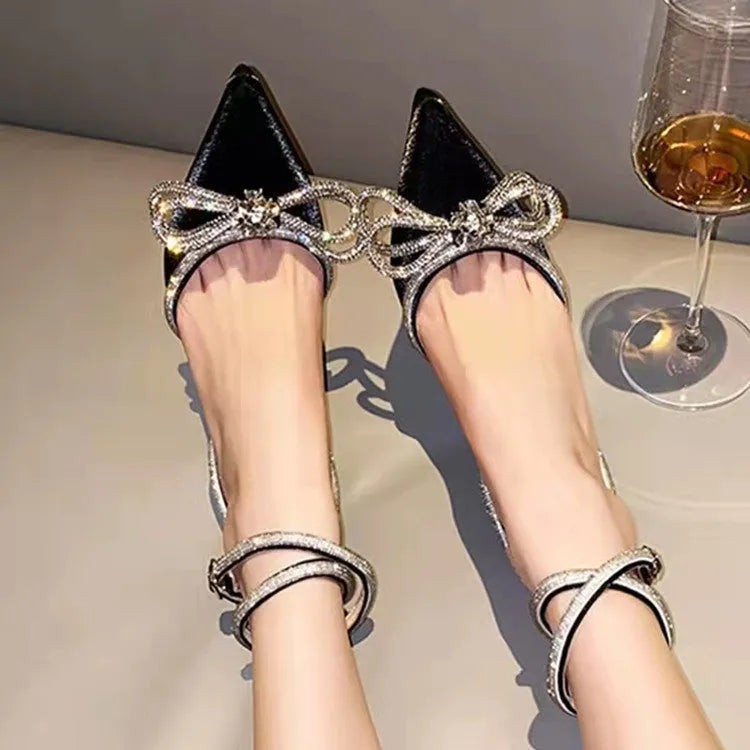 Women's black silk bandage stiletto heel sandals with buckle closure on ankle strap