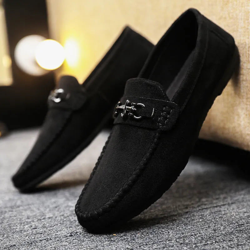 Men's black waterproof slip-on loafers with round toe and low stiletto heel