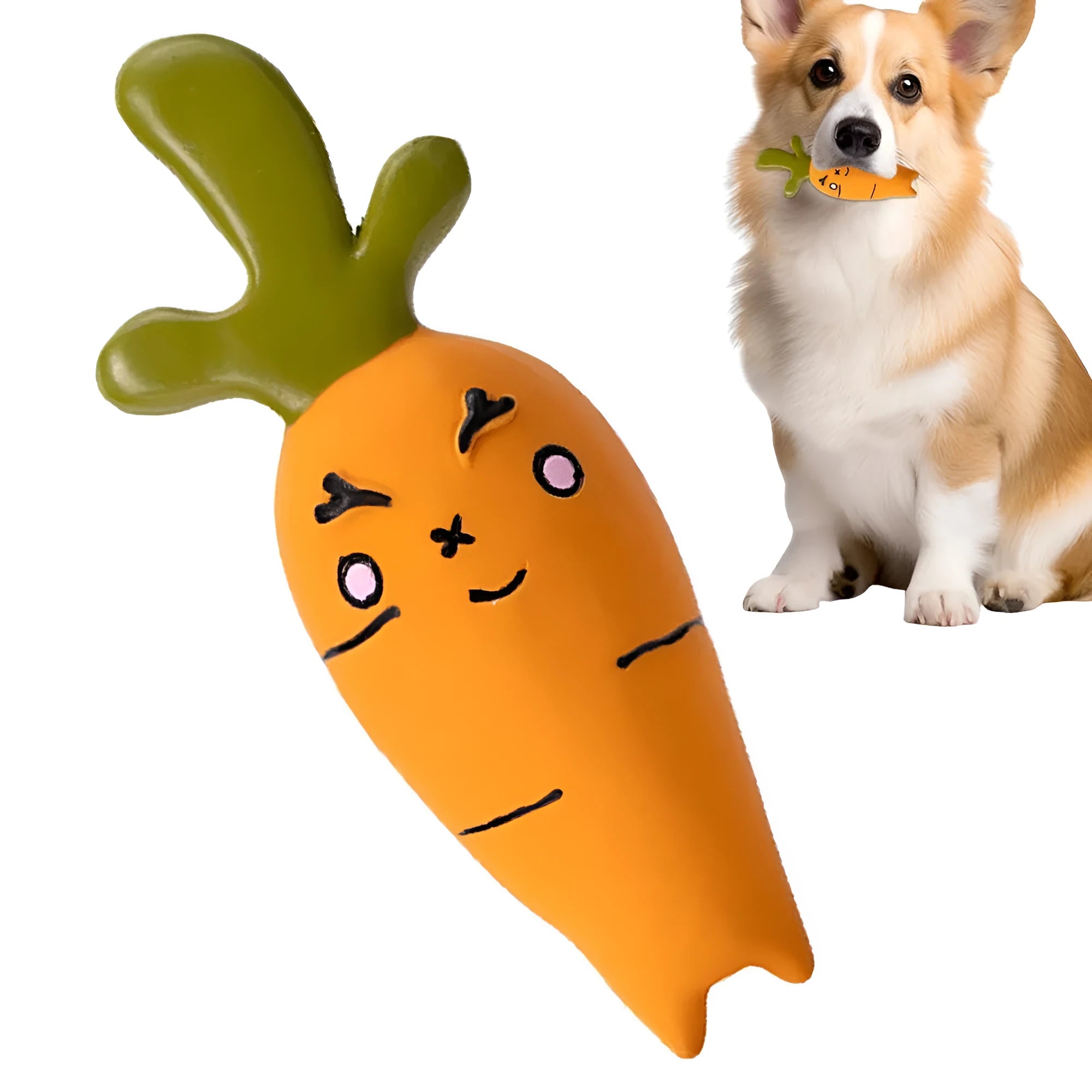 Green, orange, and purple latex vegetable dog chew toys with cartoon onion and eggplant designs