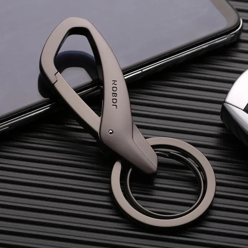Zinc alloy double ring key waist hanger in black, chrome, and nickel colour options.