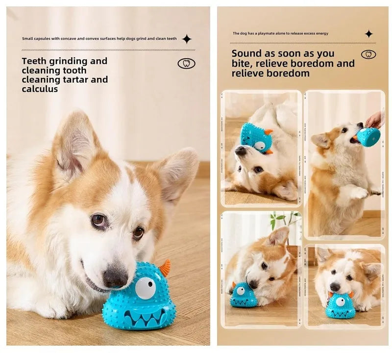 Little monster vocal dog toy in blue with exaggerated eyes, horns, and teeth; made of bite-resistant silicone.