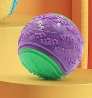 Red and blue TPR rubber dog ball with squeaker, shown next to a 6.5 cm measurement guide.
