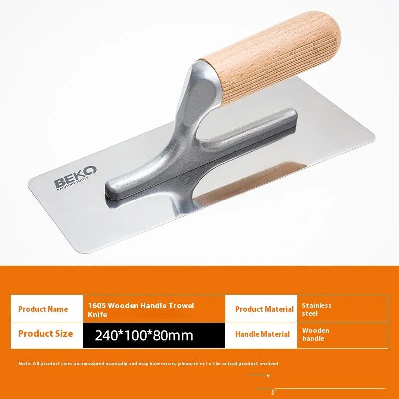 Stainless steel putty scraper with a wooden handle, showing three different blade size options.