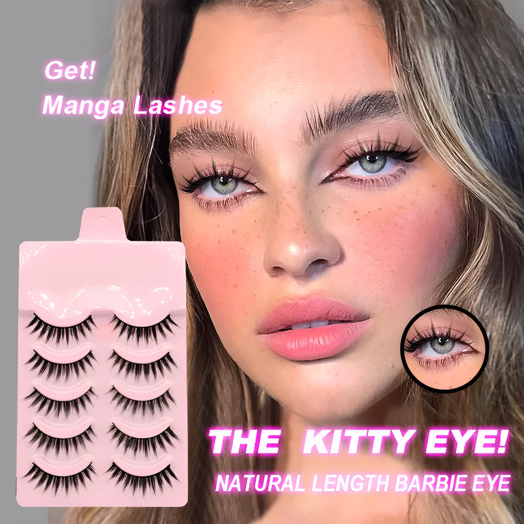 Manga style false eyelashes set showing three wispy styles for anime cosplay and Korean makeup