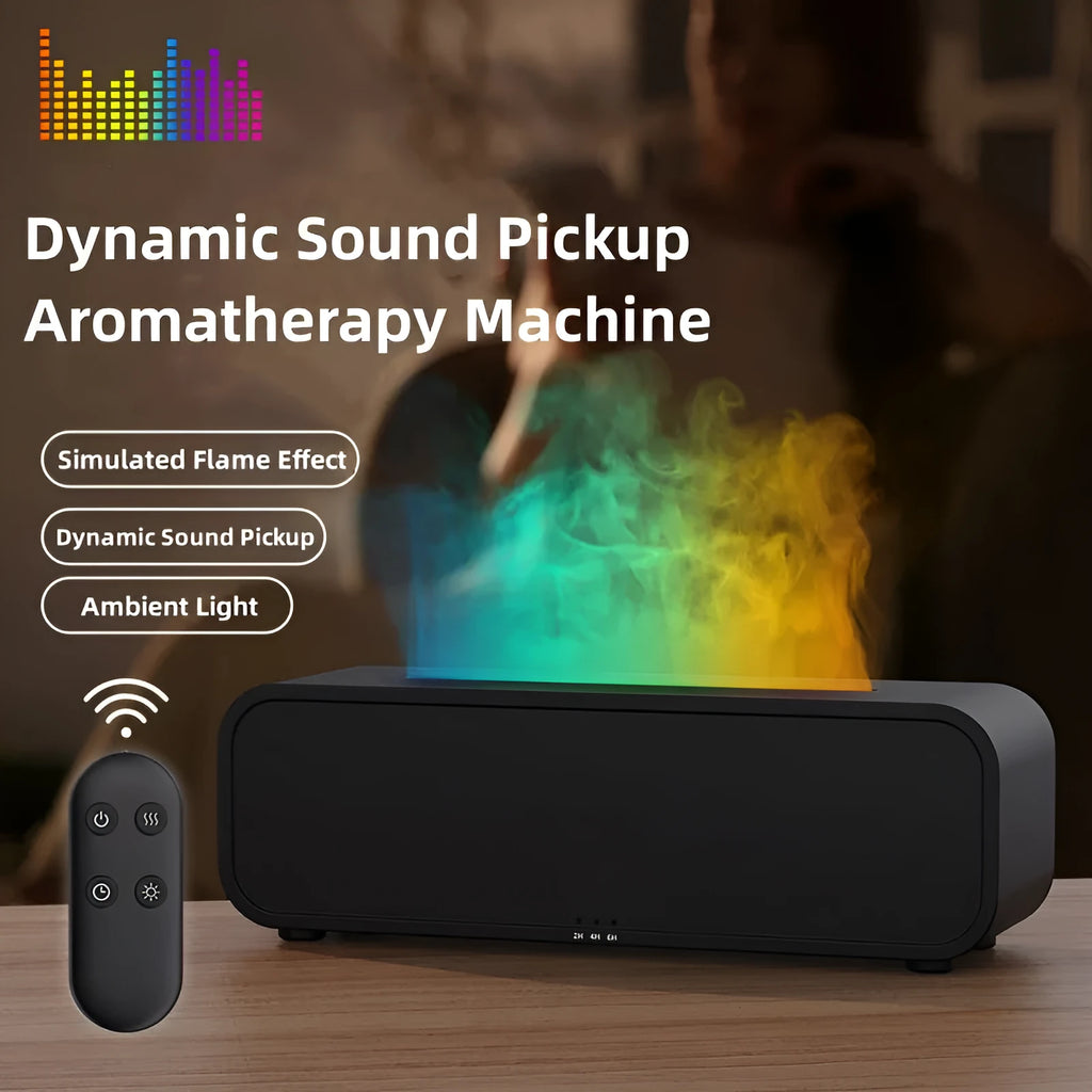 Black and white flame effect aroma diffuser with remote control on a table
