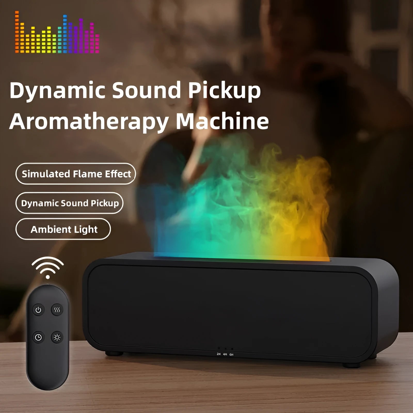Black and white flame effect aroma diffuser with remote control on a table