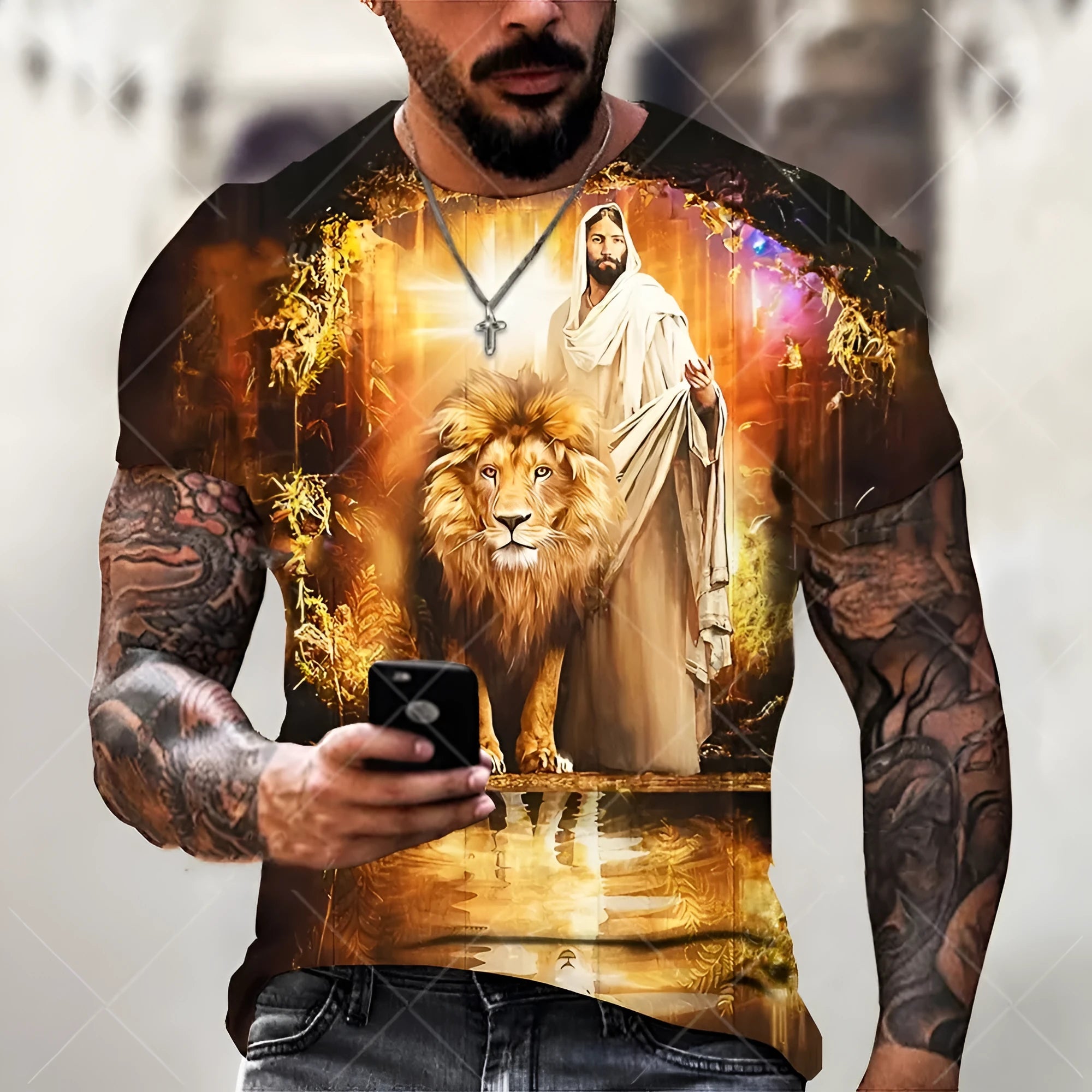 Men's grey t-shirt featuring a raised 3D printed Jesus face pattern on the chest