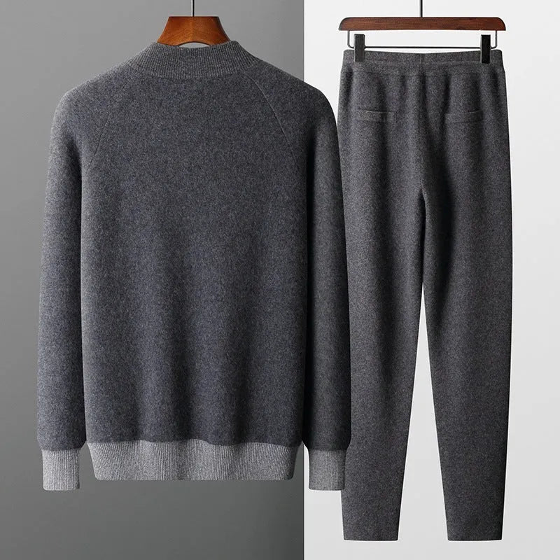 Men's navy blue cashmere wool blend half-turtleneck zipper cardigan and trousers winter suit set