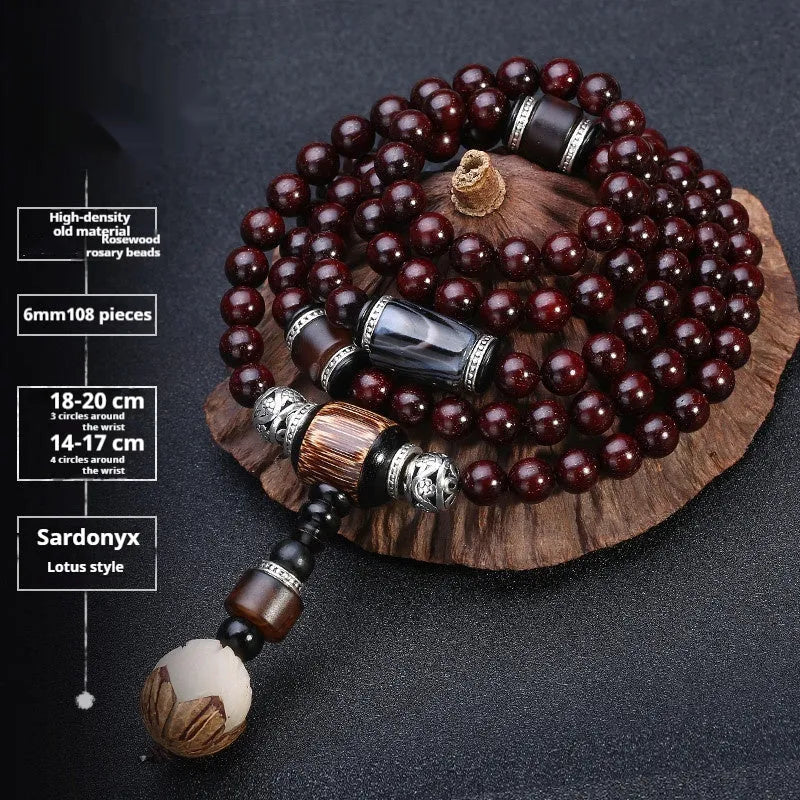 Men's traditional rosewood bracelet with 108 beads, showing lapis lazuli and turquoise accent styles.