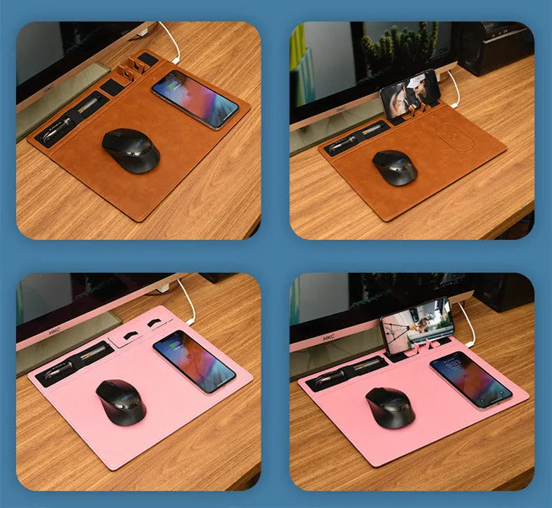 Pink wireless charging mouse pad with phone holder on a desk, showing USB cable and 320x260mm size.