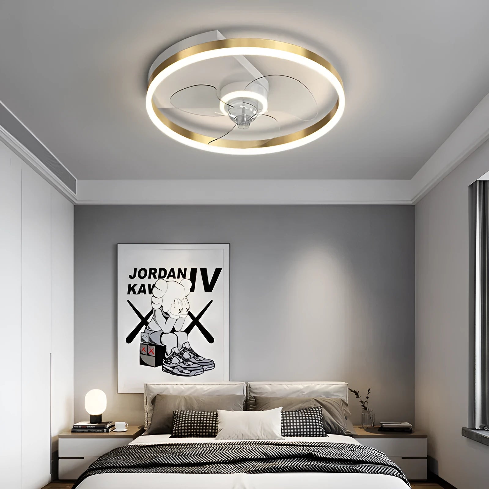 Nordic style white ceiling lamp with integrated fan and light for children's room