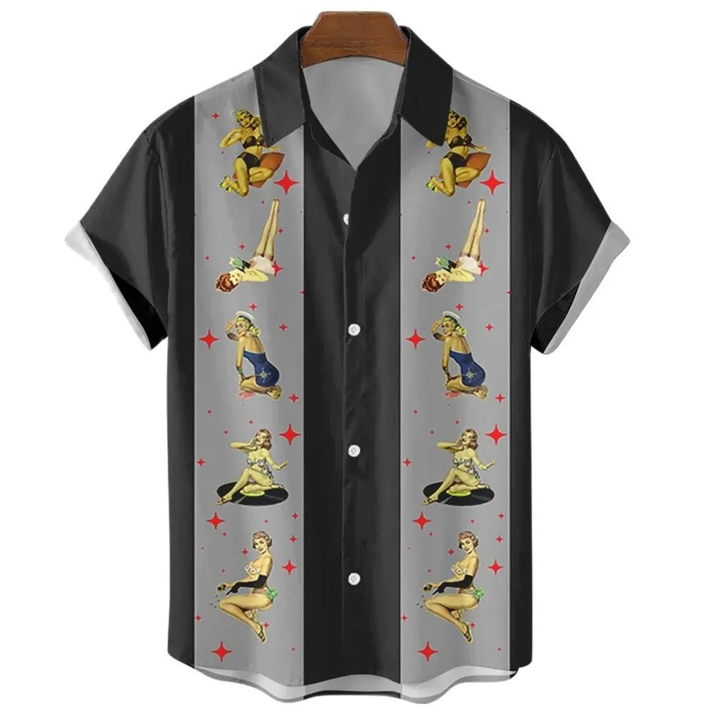 Man wearing a blue and white striped Hawaiian style short sleeve button-down shirt.