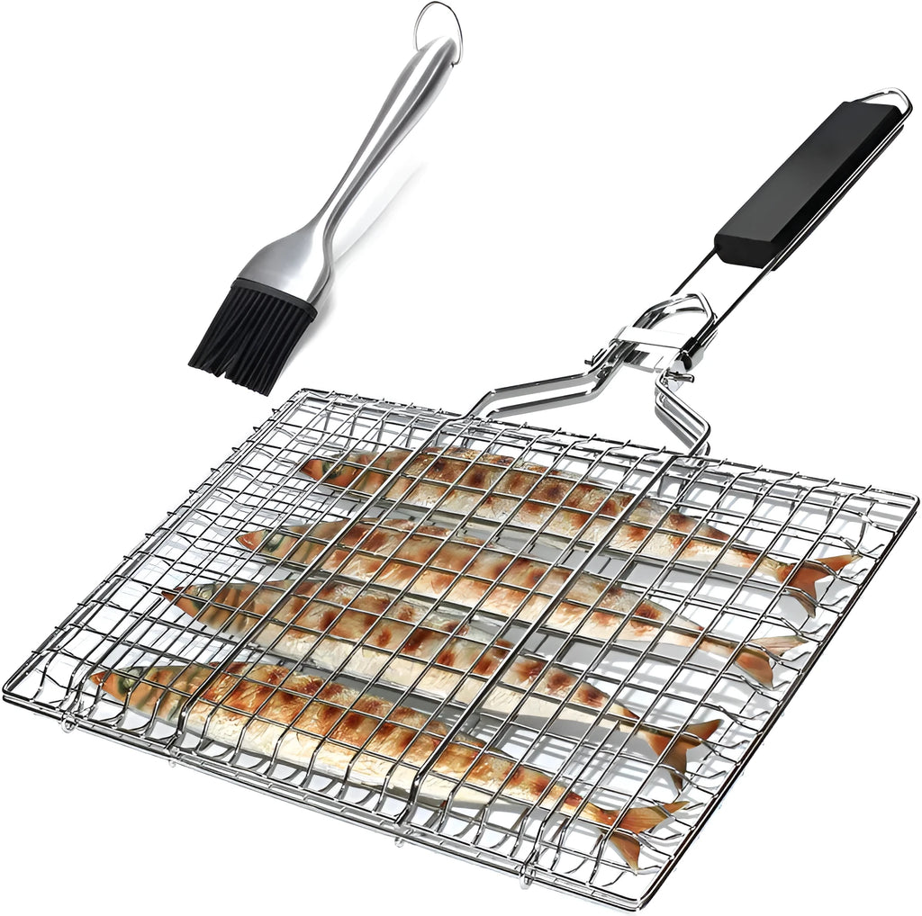 Stainless steel square barbecue grill mesh basket with a folding frame and a cleaning brush.