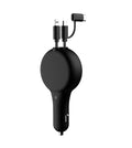 Retractable dual fast car charger with QC3.0 and PD outputs shown in vehicle cigarette lighter socket