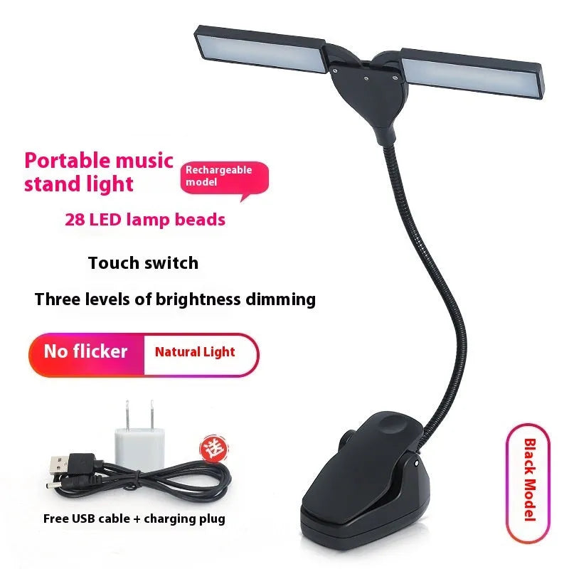 Rechargeable music stand light with 28 LED bulbs in black, pink or white plastic housing