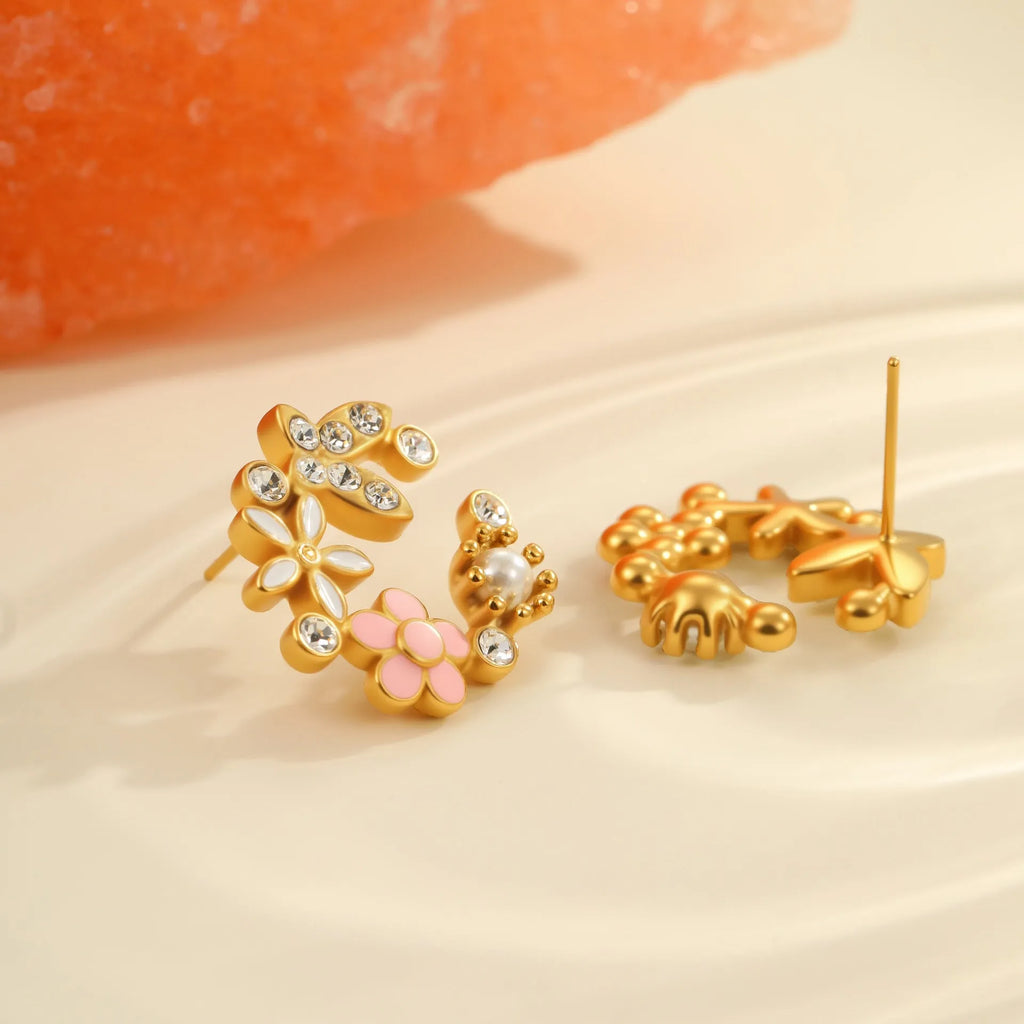 Flower stud earrings with colourful oil diamond finish on petal design, 18K stainless steel construction