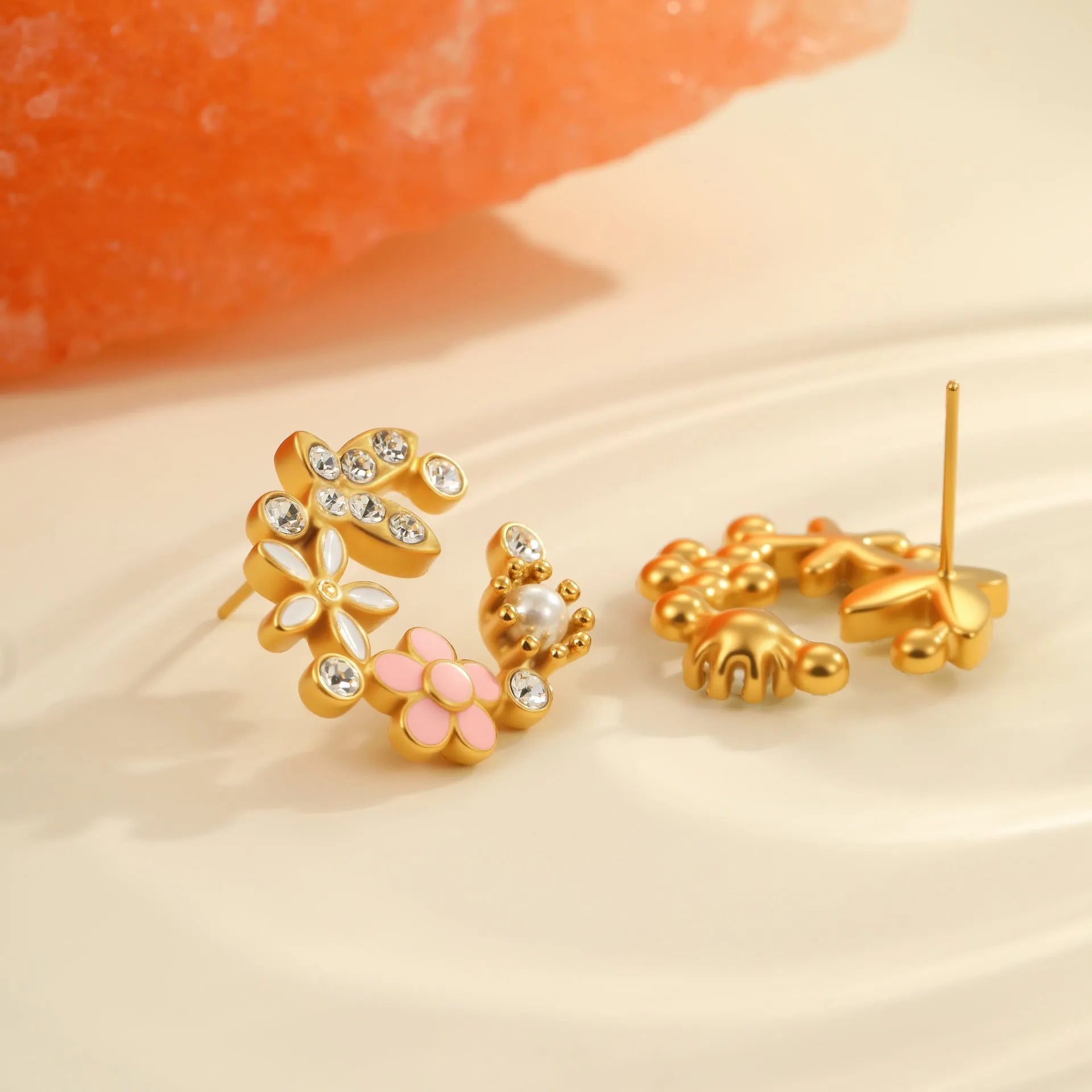 Flower stud earrings with colourful oil diamond finish on petal design, 18K stainless steel construction
