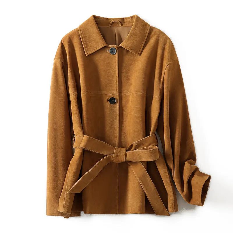 Yellow brown retro cashmere coat with a Peter Pan collar and leather stitching detail.