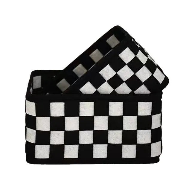 Checkerboard patterned folding felt storage basket measuring 37cm long, shown both upright and collapsed flat